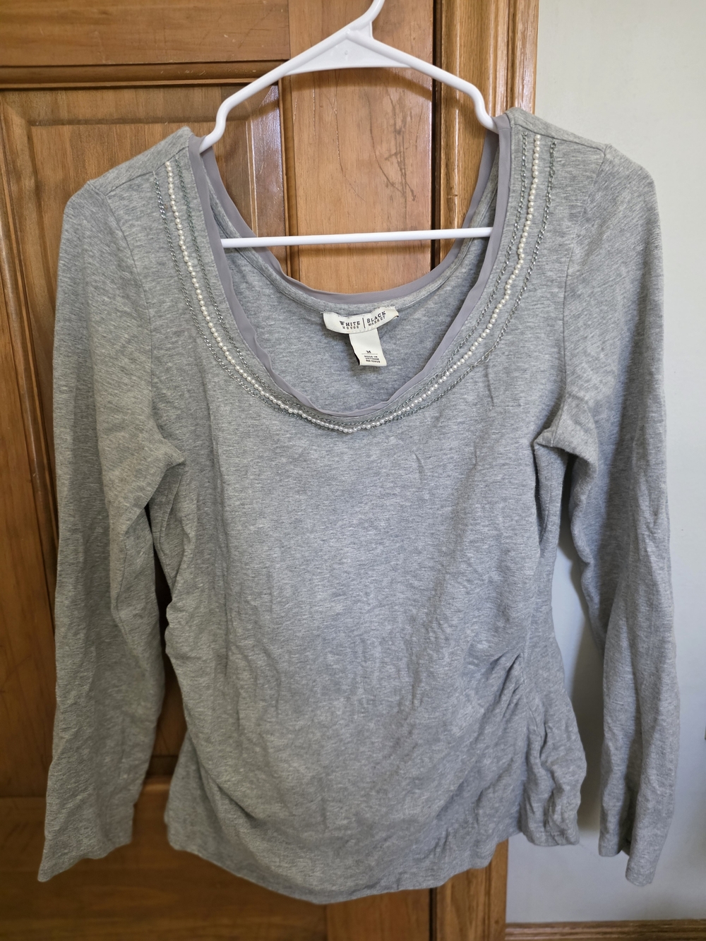 White House Black Market Light Gray Long-Sleeve Wide Scoop Neck Top